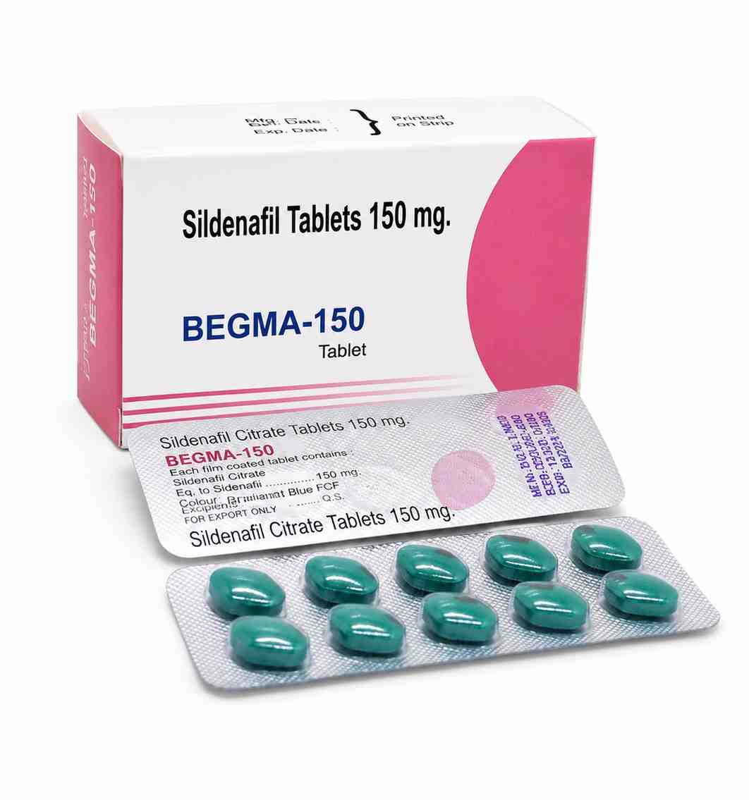 Begma 150mg Sildenafil tablet box and blister strip