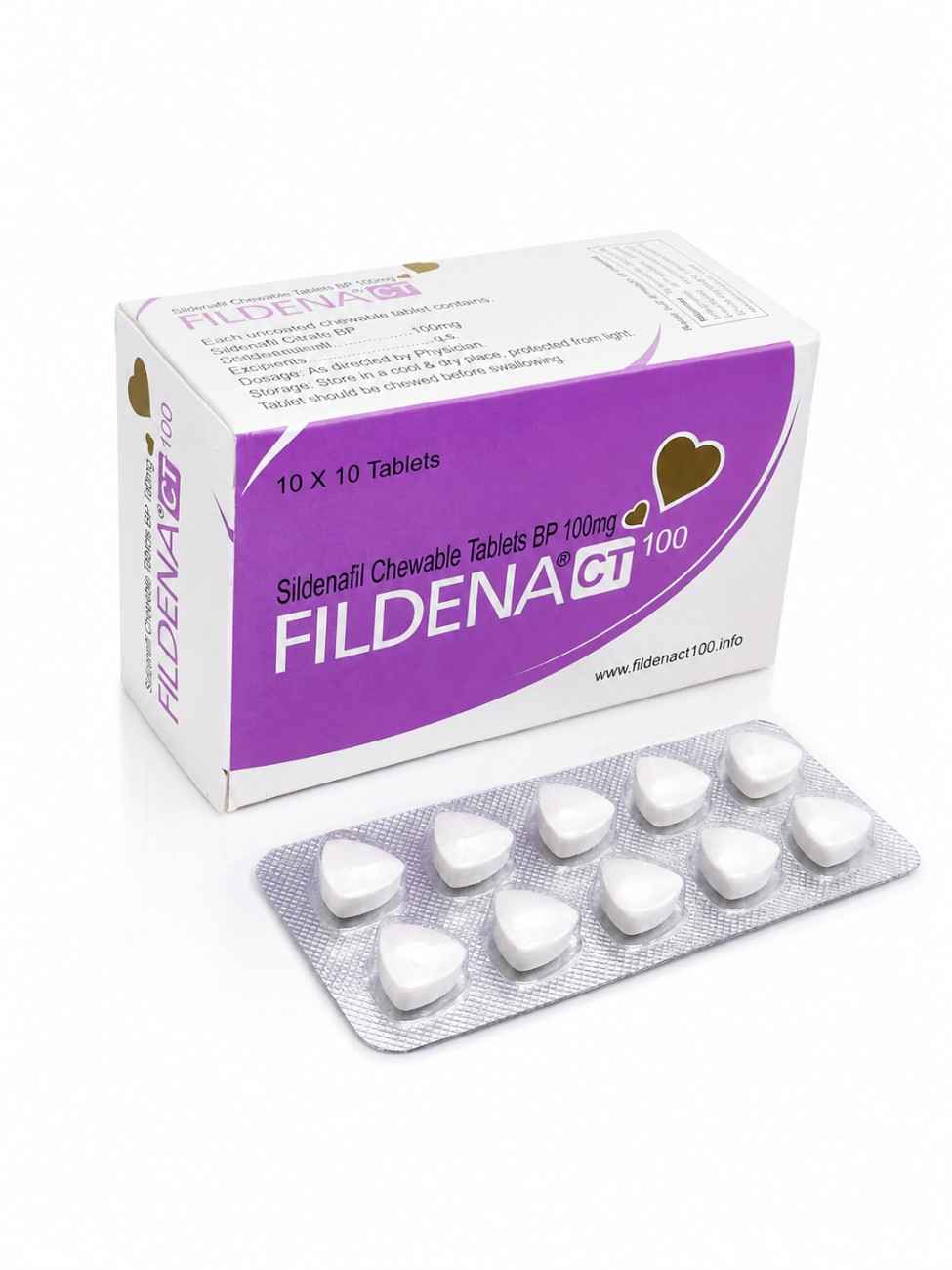 Fildena CT 100mg Sildenafil Citrate Chewable Tablets box and blister strip