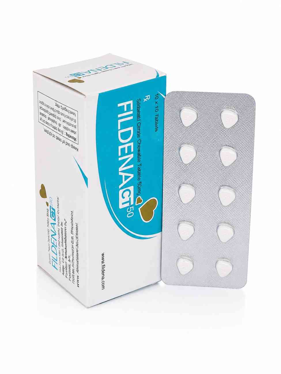 Fildena CT 50mg Sildenafil Citrate Chewable Tablets box and blister strip