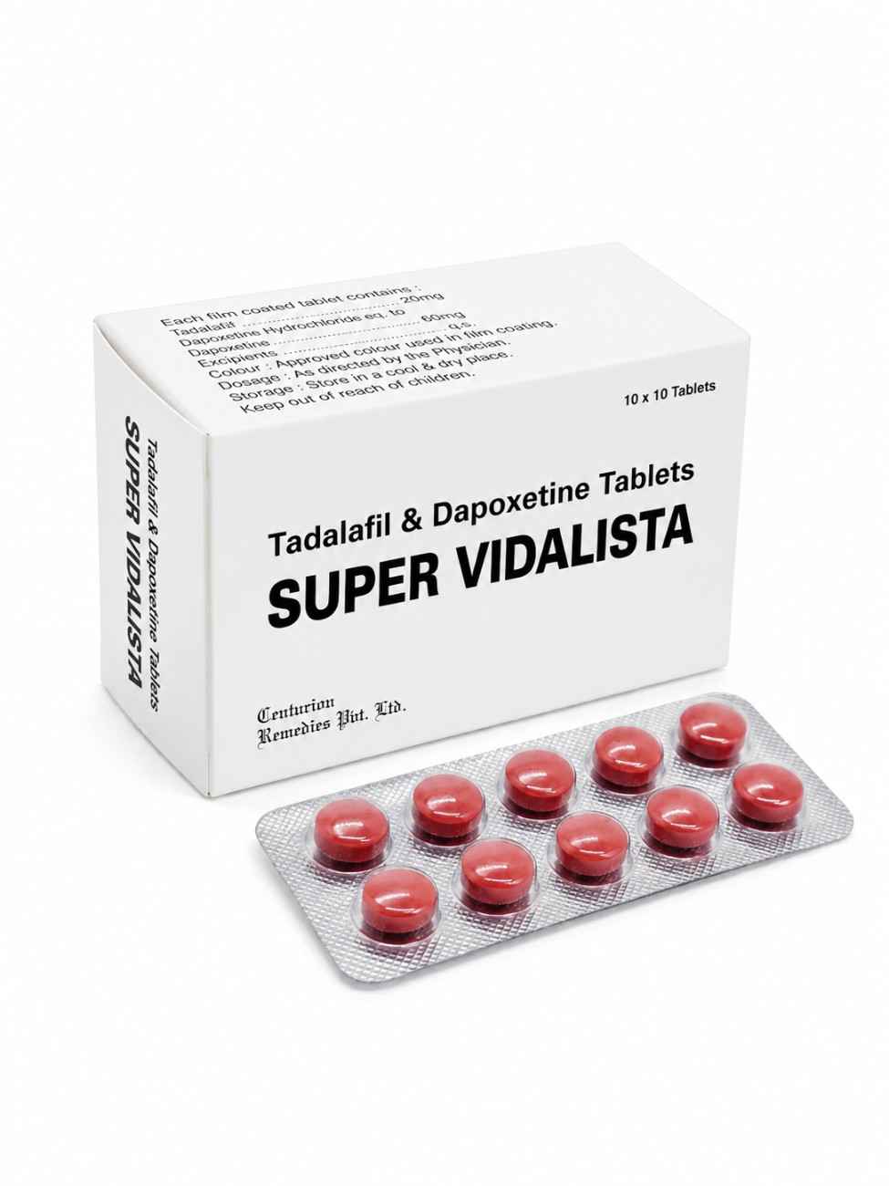Super Vidalista Tadalafil and Dapoxetine Tablets box and blister strip