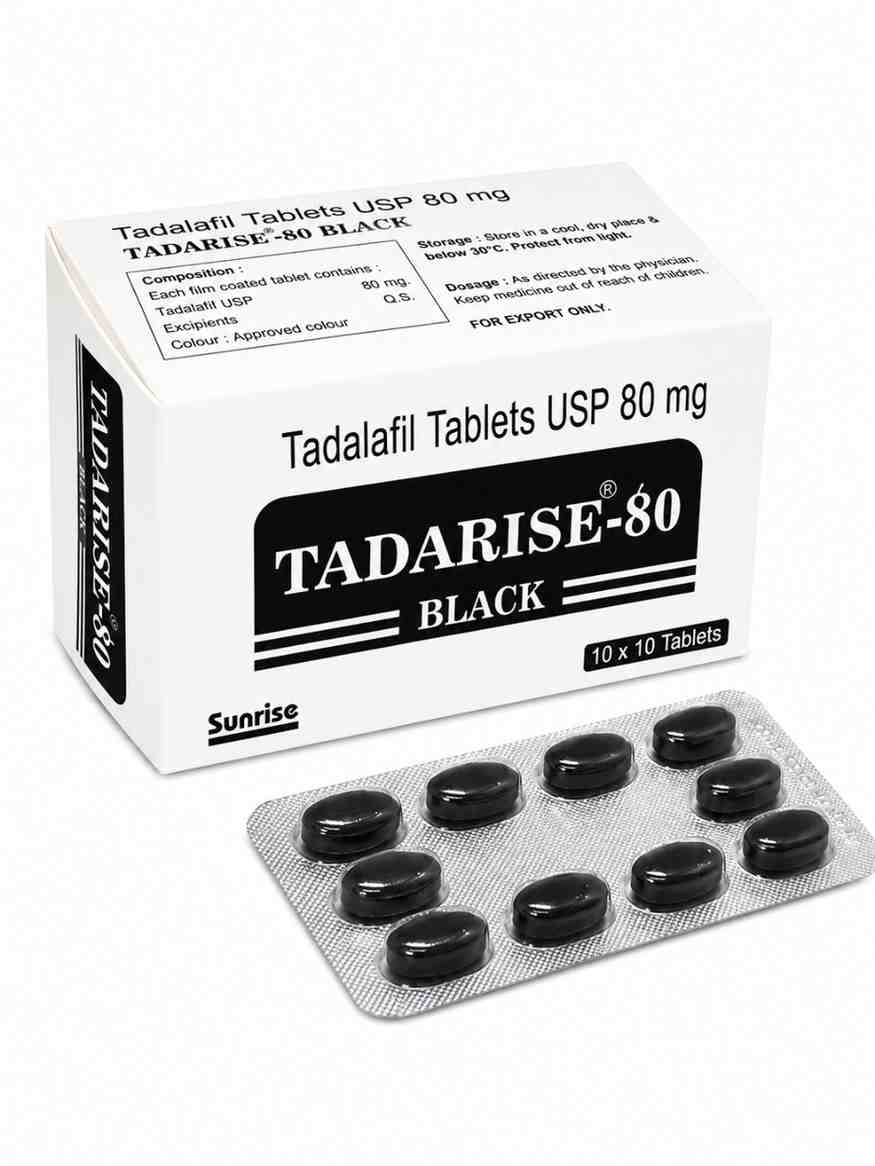Tadarise Black 80mg Tadalafil Tablets box and blister strip