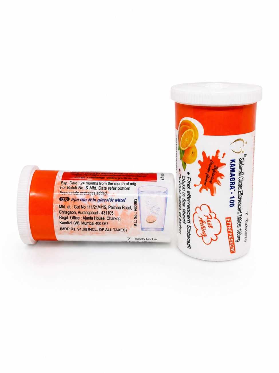 Kamagra Effervescent 100 mg Sildenafil Citrate Tablets box and tube packaging