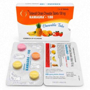Kamagra 100 mg Chewable Sildenafil Citrate Tablets box and blister pack