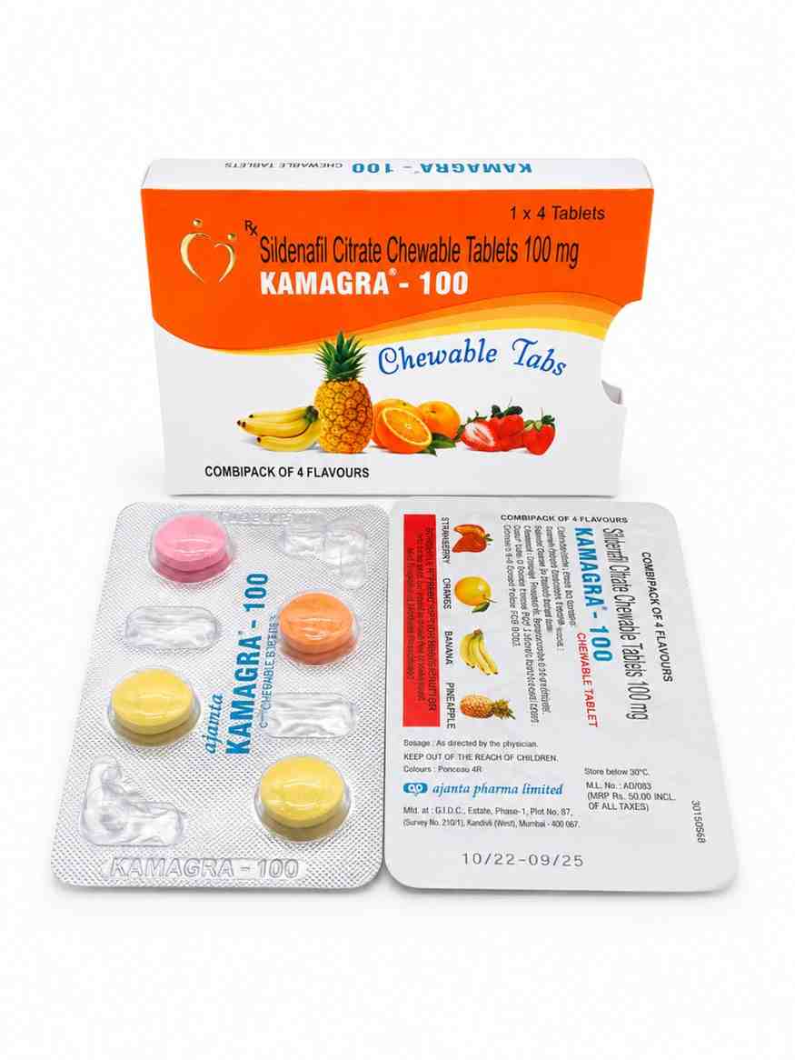 Kamagra 100 mg Chewable Sildenafil Citrate Tablets box and blister pack
