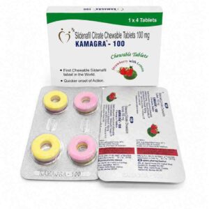 Kamagra Polo 100mg Sildenafil Citrate Chewable Tablets box and polo-shaped tablet blister pack
