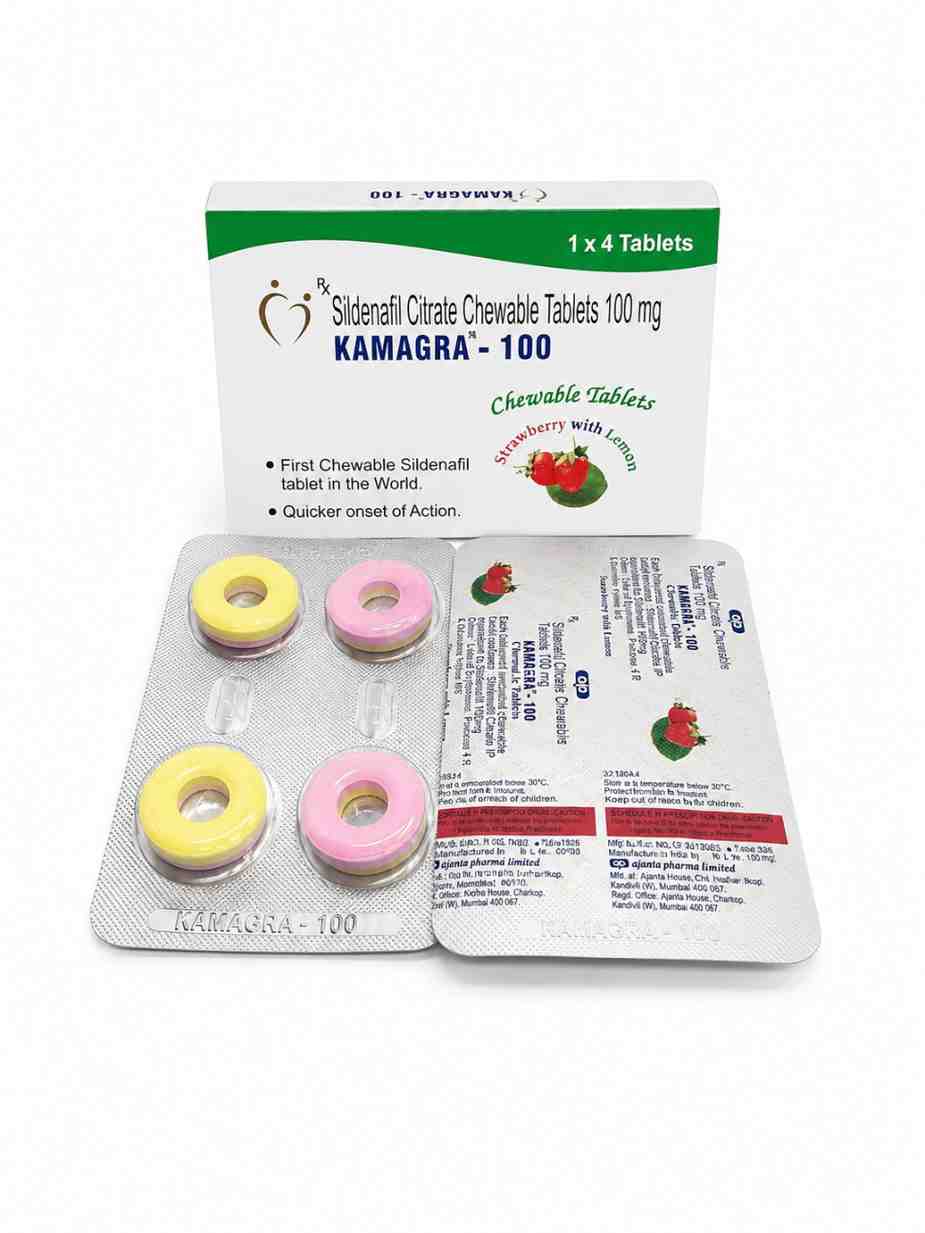 Kamagra Polo 100mg Sildenafil Citrate Chewable Tablets box and polo-shaped tablet blister pack