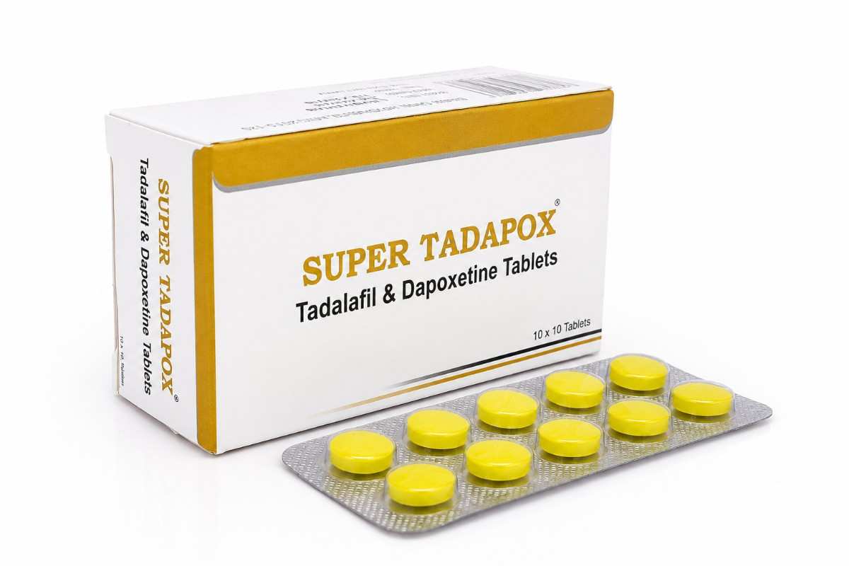 Super Tadapox Tadalafil and Dapoxetine Tablets box and blister strip