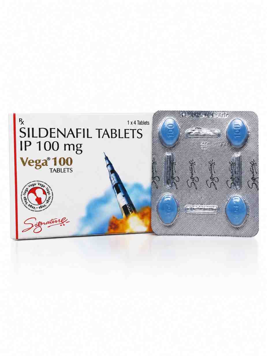 Vega 100 mg Sildenafil Tablets IP box and blister strip