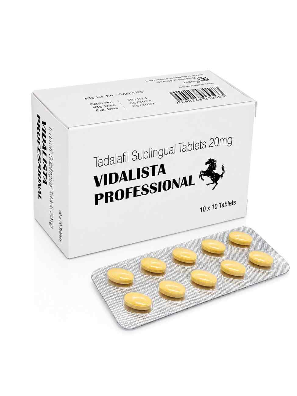 Vidalista Professional 20mg Tadalafil Sublingual Tablets box and blister strip